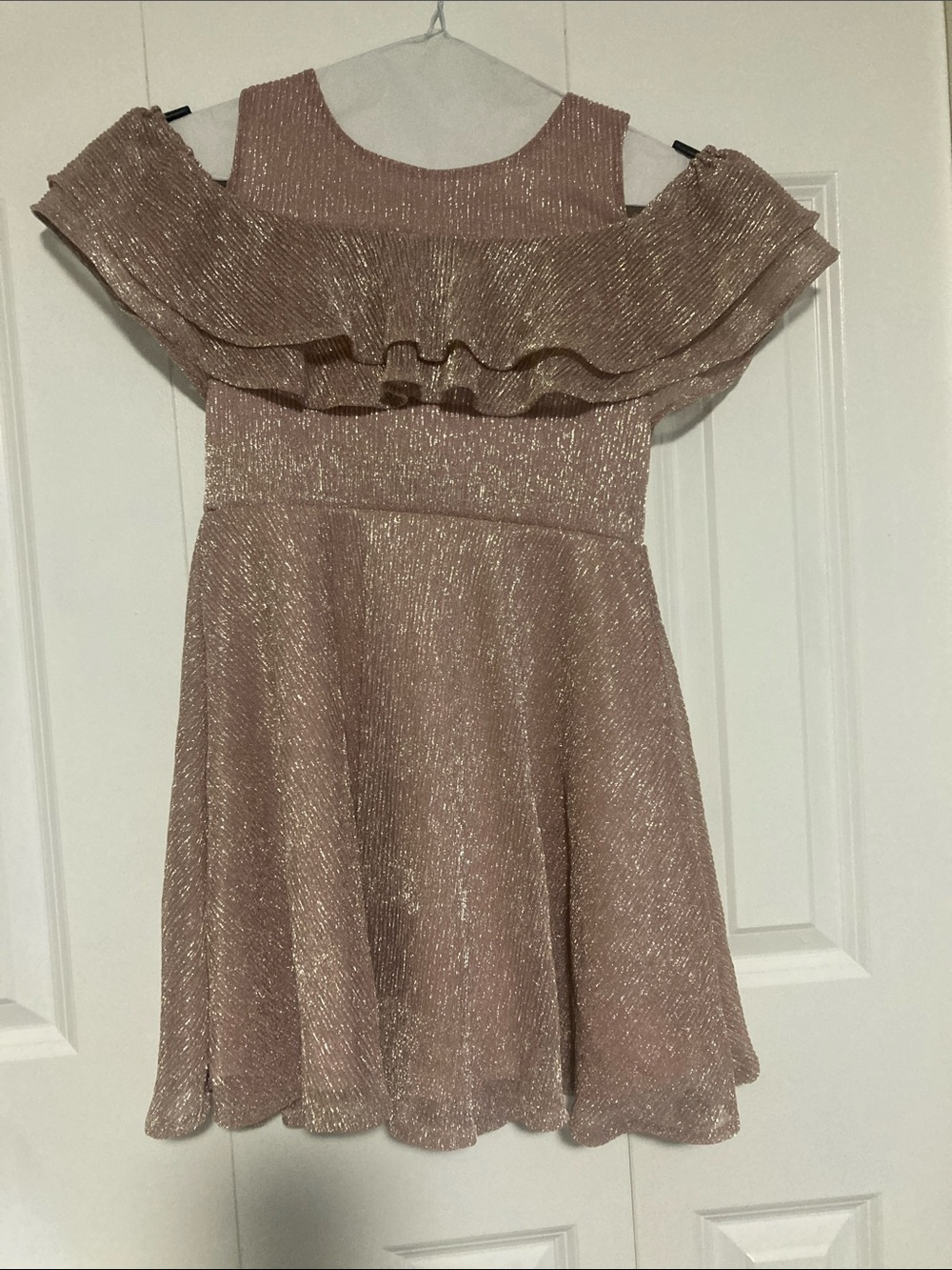 Place Girls' Shimmery Rose Gold Ruffle Cold-Shoulder Dress
